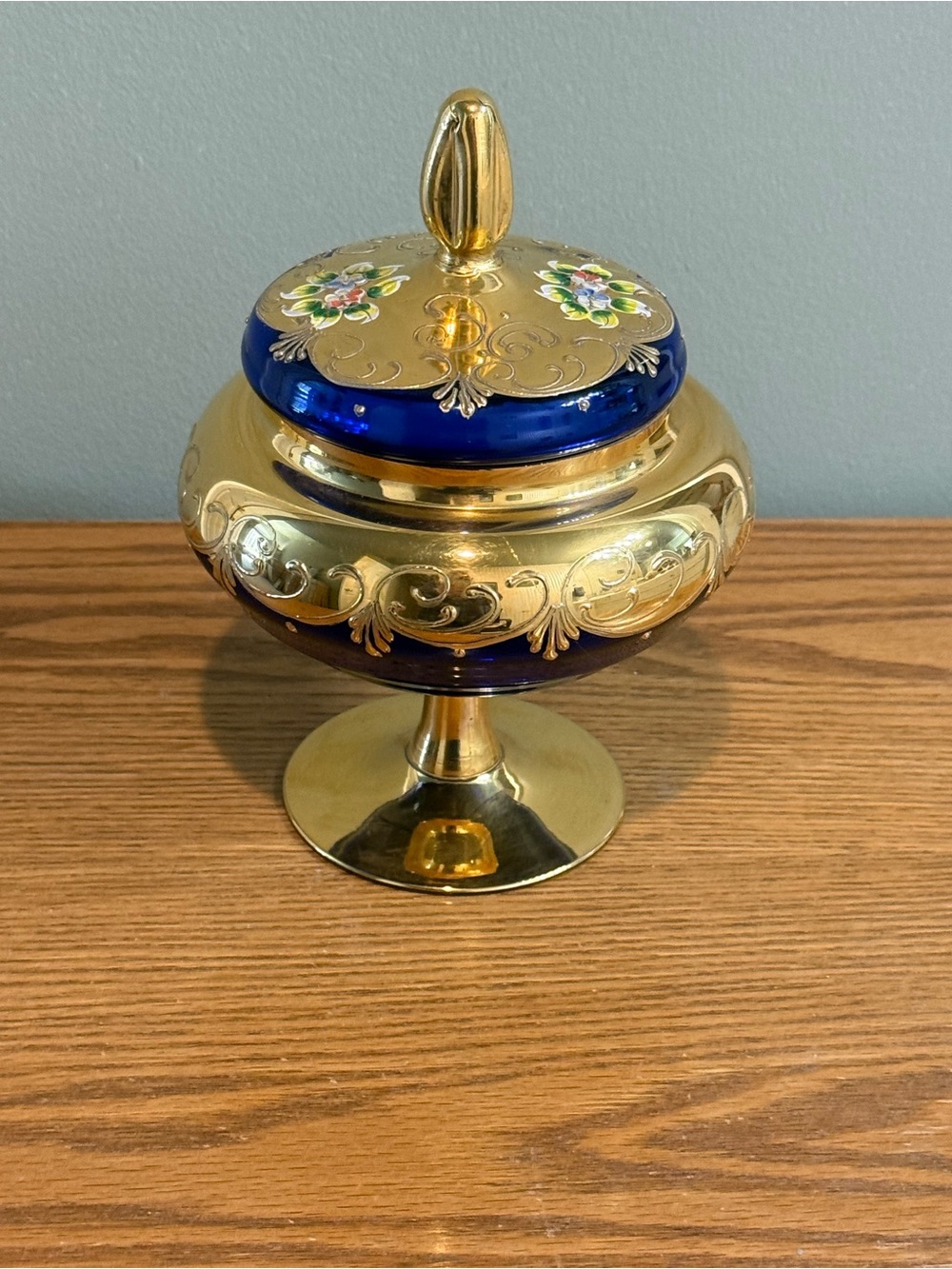 Vintage Venetian Italy Blue Gold Hand Painted Raised Glass Covered Candy Dish